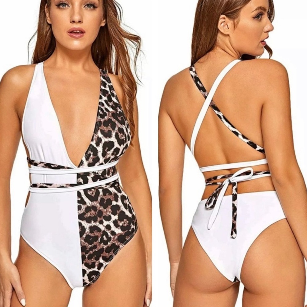 Plunging Deep V Neck Leopard/White Swimsuit